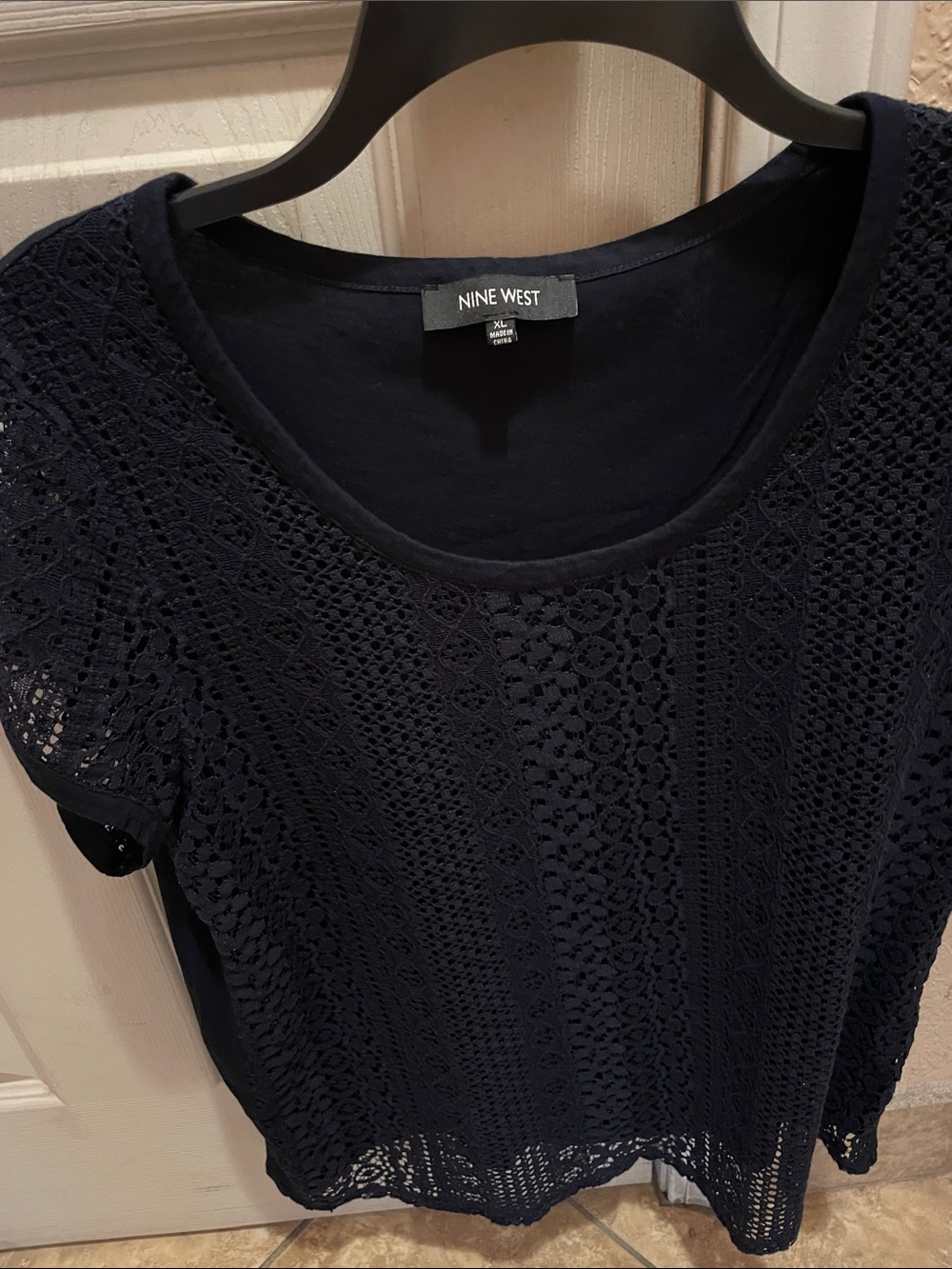 Nine West Navy Crochet Lace Short Sleeve Scoop Top